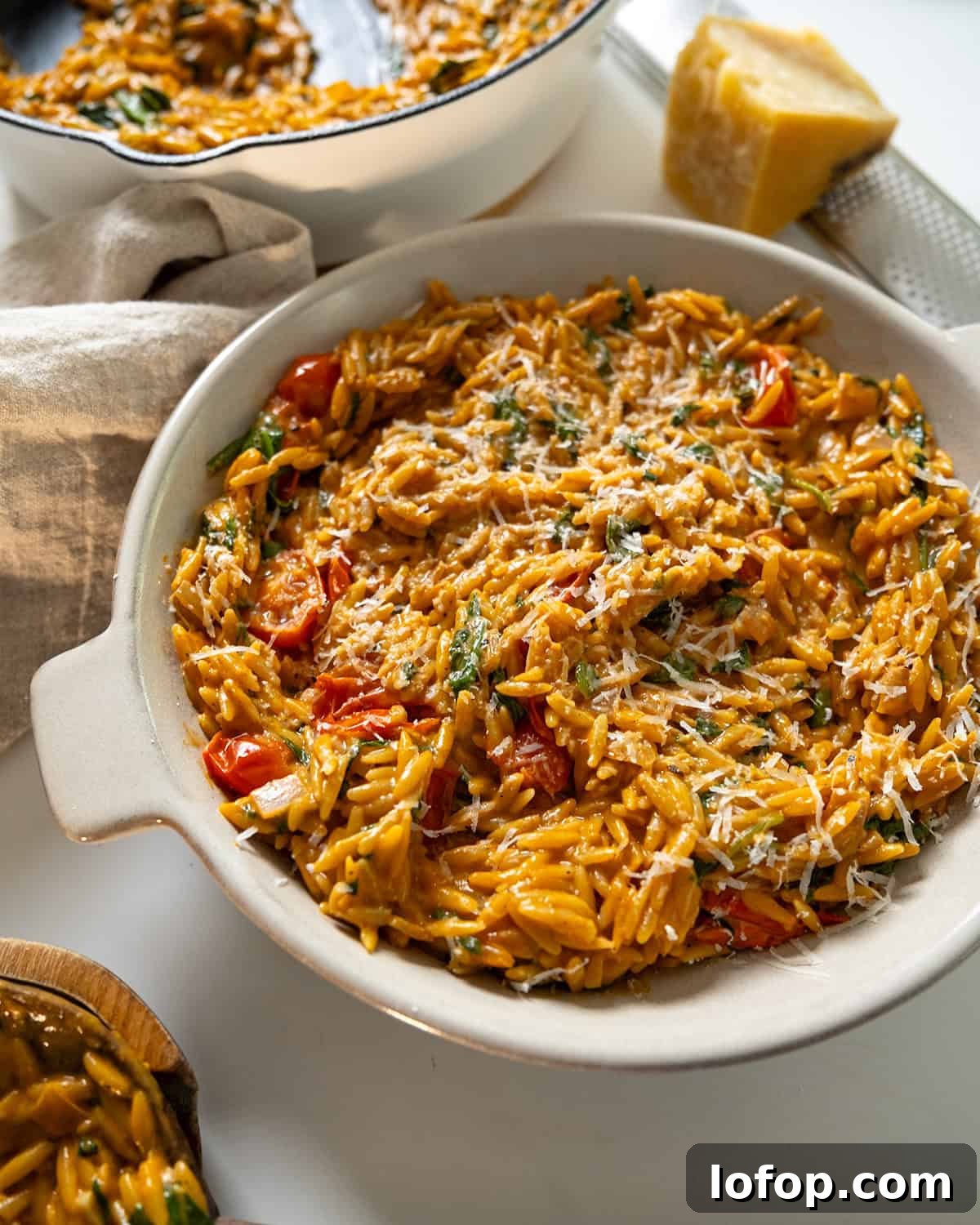 Creamy tomato orzo in a bowl.