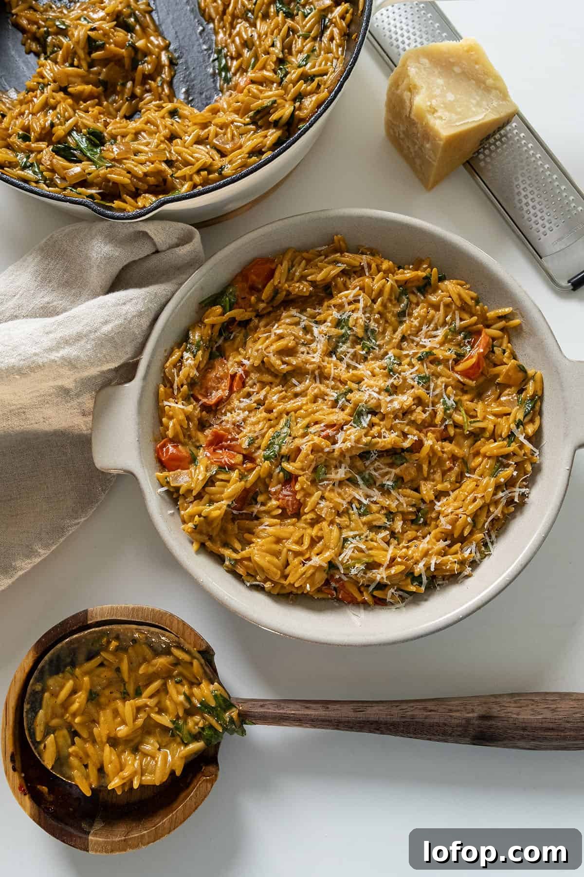 Creamy tomato orzo in a bowl.