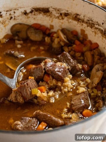 Beef and barley soup in a pot.