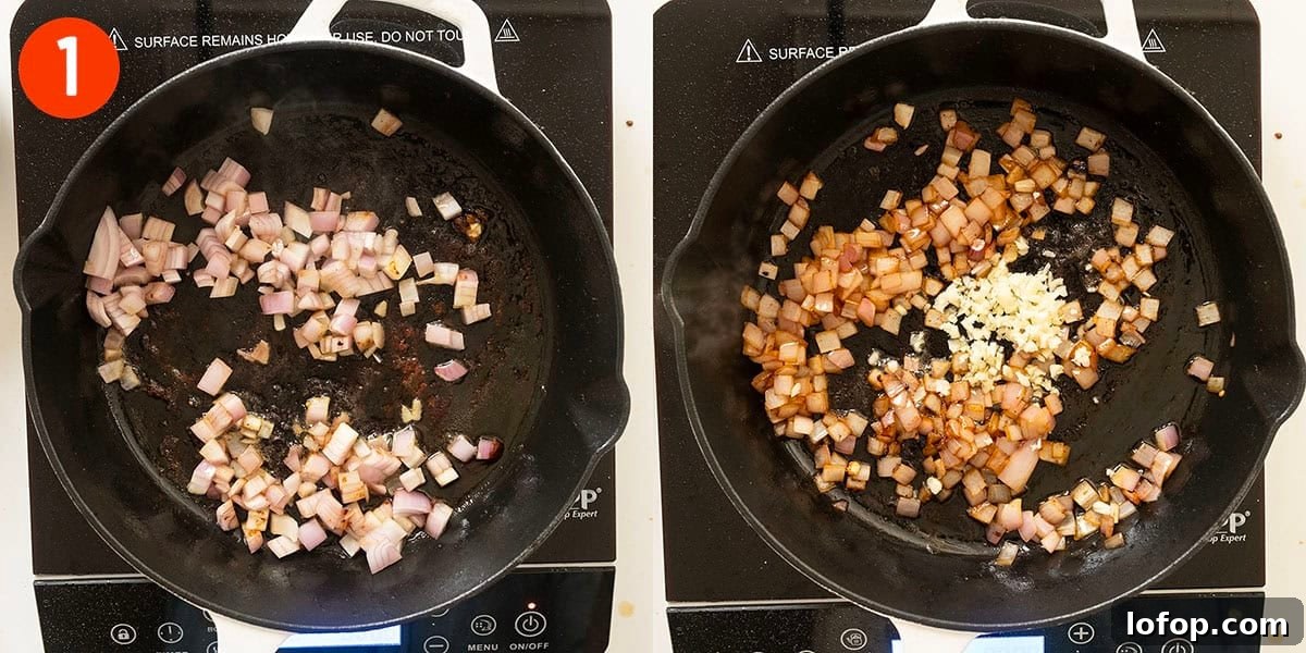 Sauteing shallots and garlic in the saucepan.