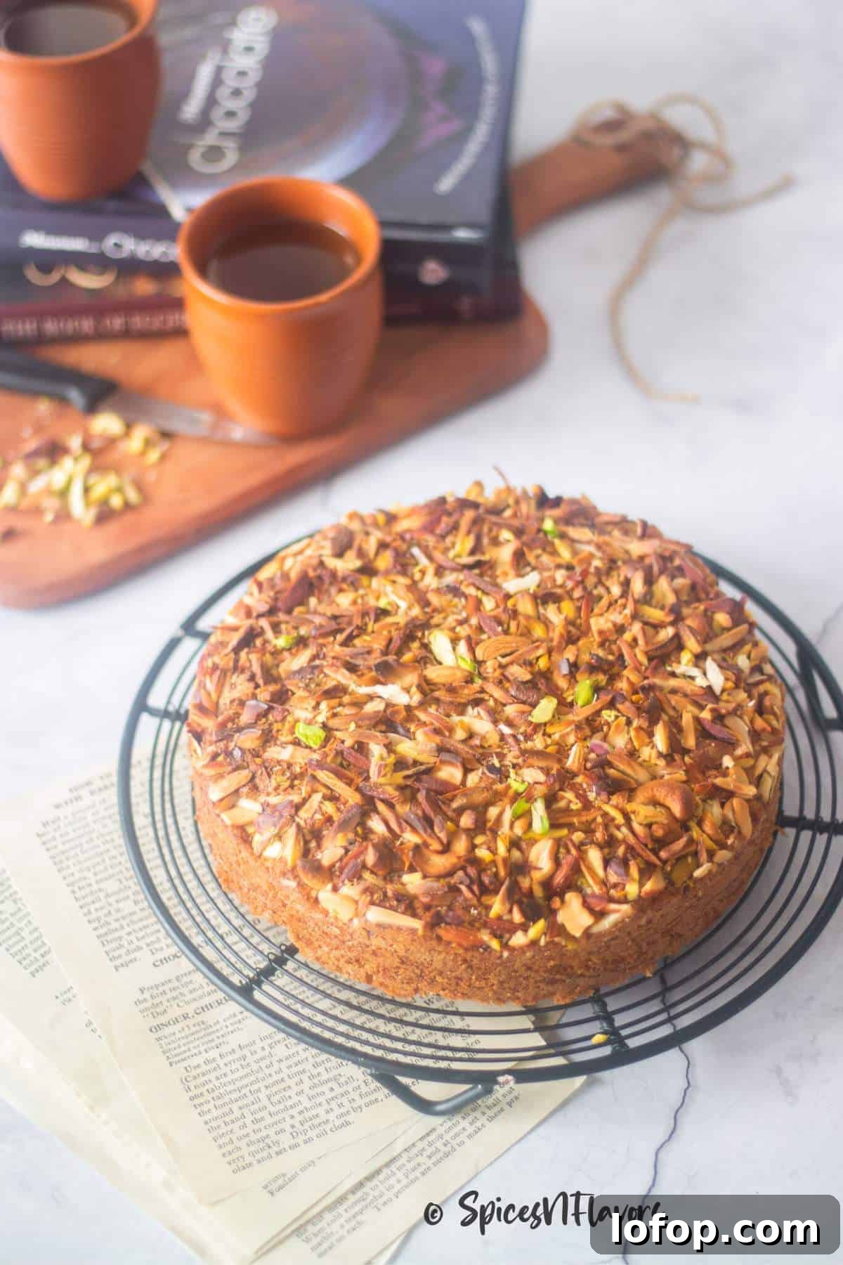 nuts loaded mawa cake placed on a round wire rack