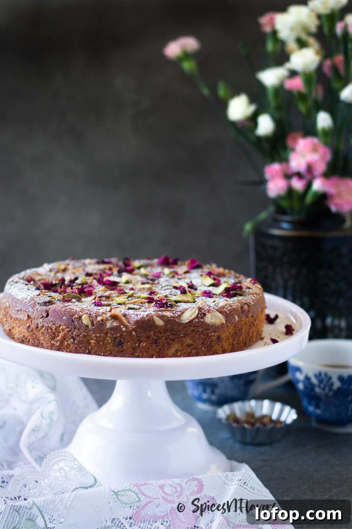 eggless mawa cake placed on cake stand