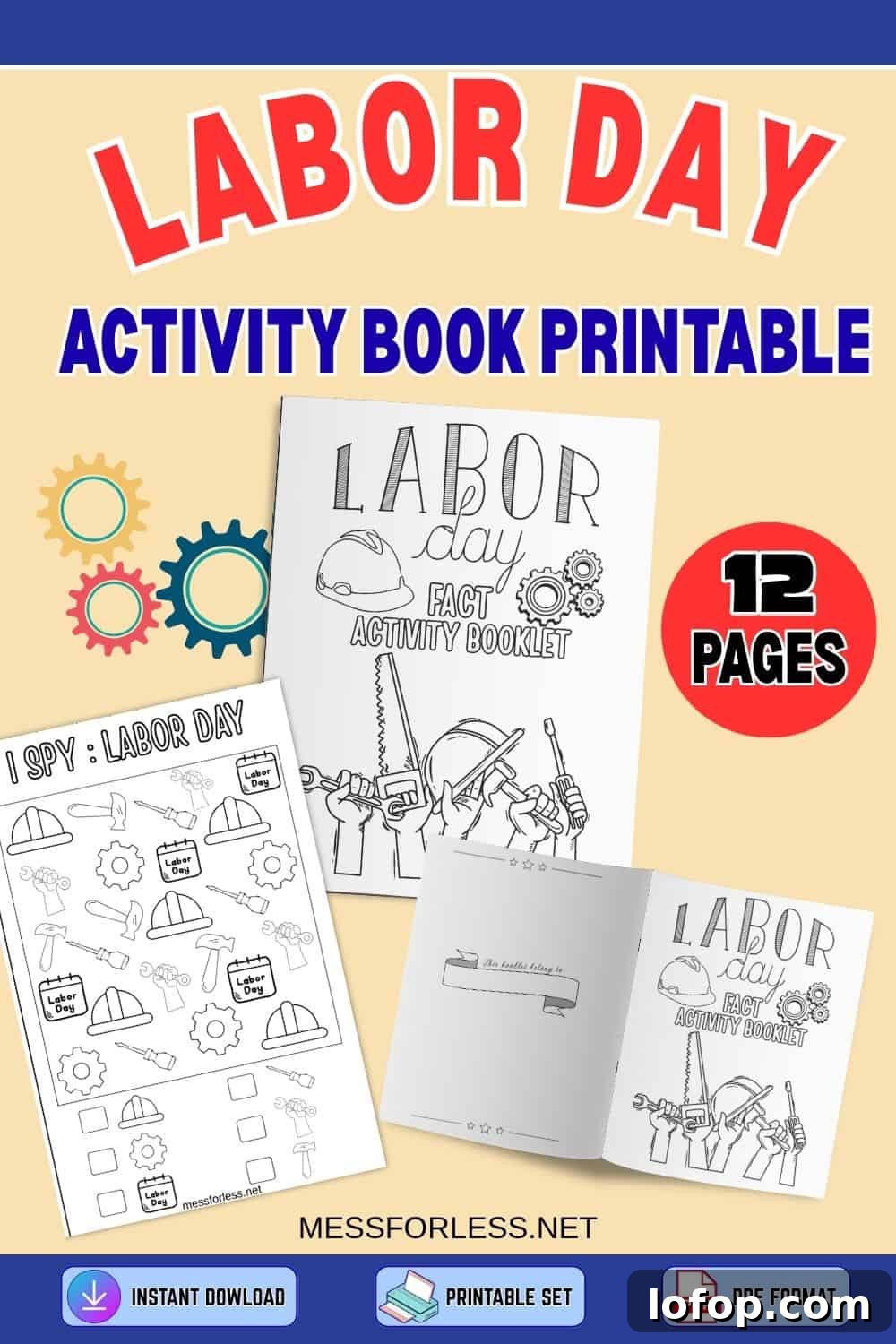 Printable Labor Day Activity Book for Kids: Puzzles, Crafts & Games 2 Printable Activity Book cover for Labor Day featuring coloring pages, fun text, and icons. Showcases 12 pages of Labor Day activity fun with easy download options.