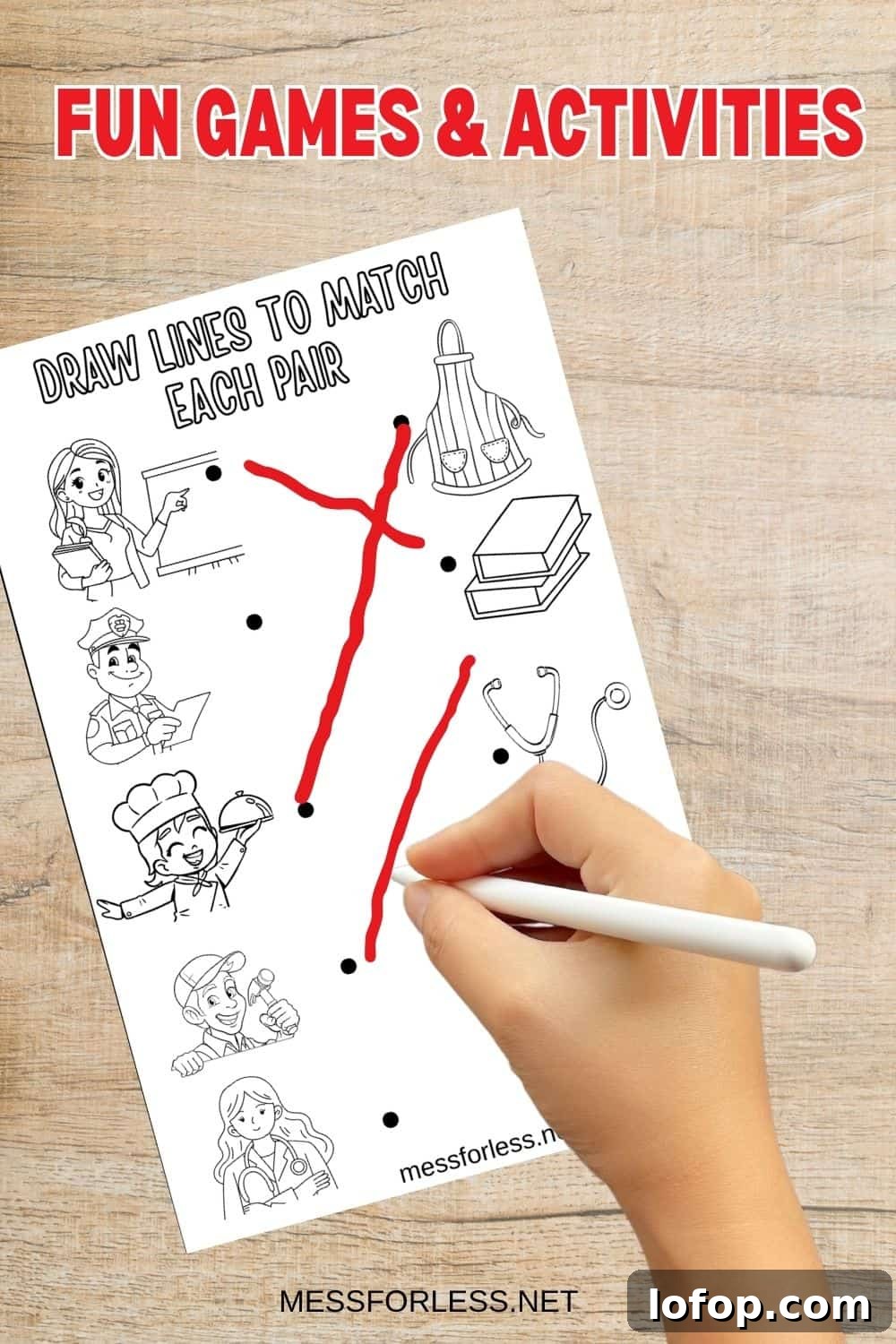 Printable Labor Day Activity Book for Kids: Puzzles, Crafts & Games 6 A hand draws lines matching jobs with objects on a printable kids activity sheet titled Draw lines to match each pair, perfect for an activity book or Labor Day lesson.