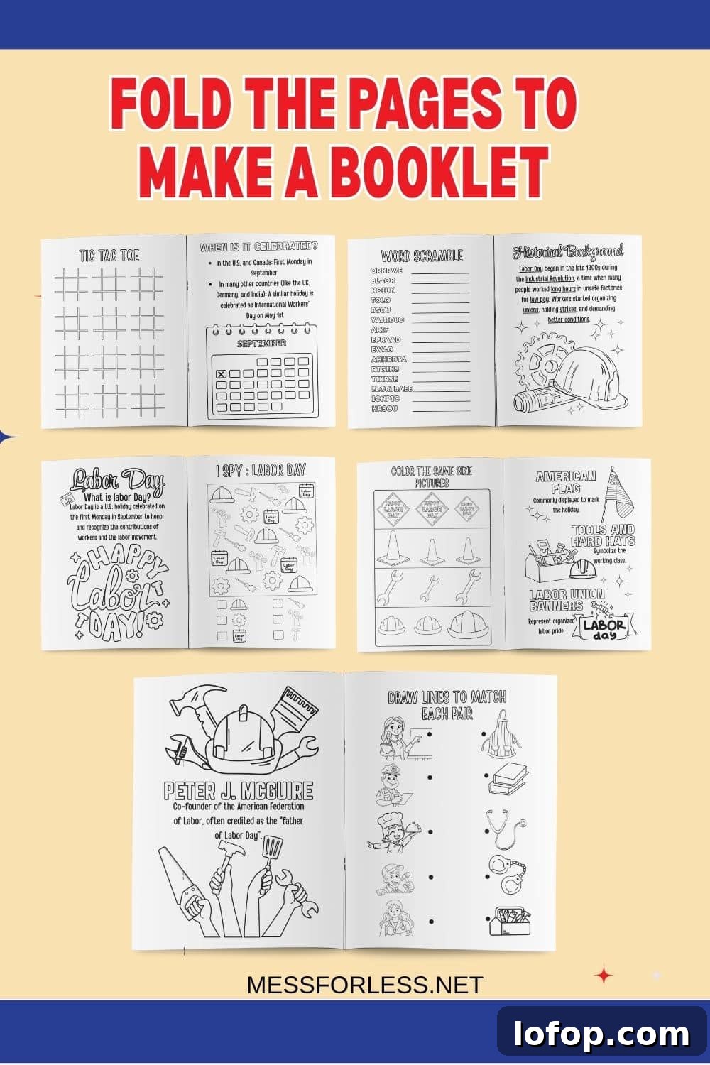 Printable Labor Day Activity Book for Kids: Puzzles, Crafts & Games 3 Six illustrated booklet pages featuring Labor Day-themed activities and coloring sheets for kids. This printable activity book offers fun ways to celebrate and learn about Labor Day together.