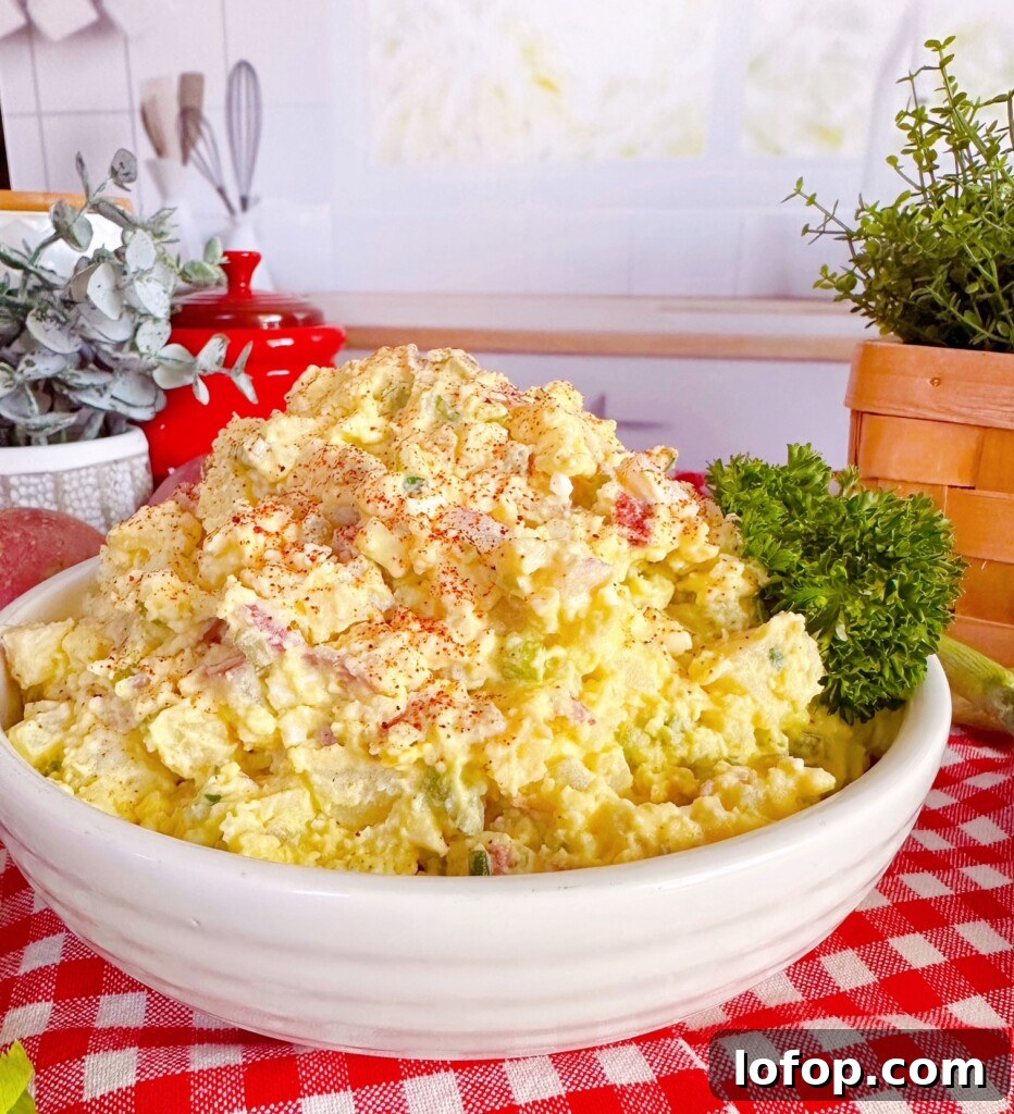 Classic Potato Salad on a checkered red cloth with parsley garnish.