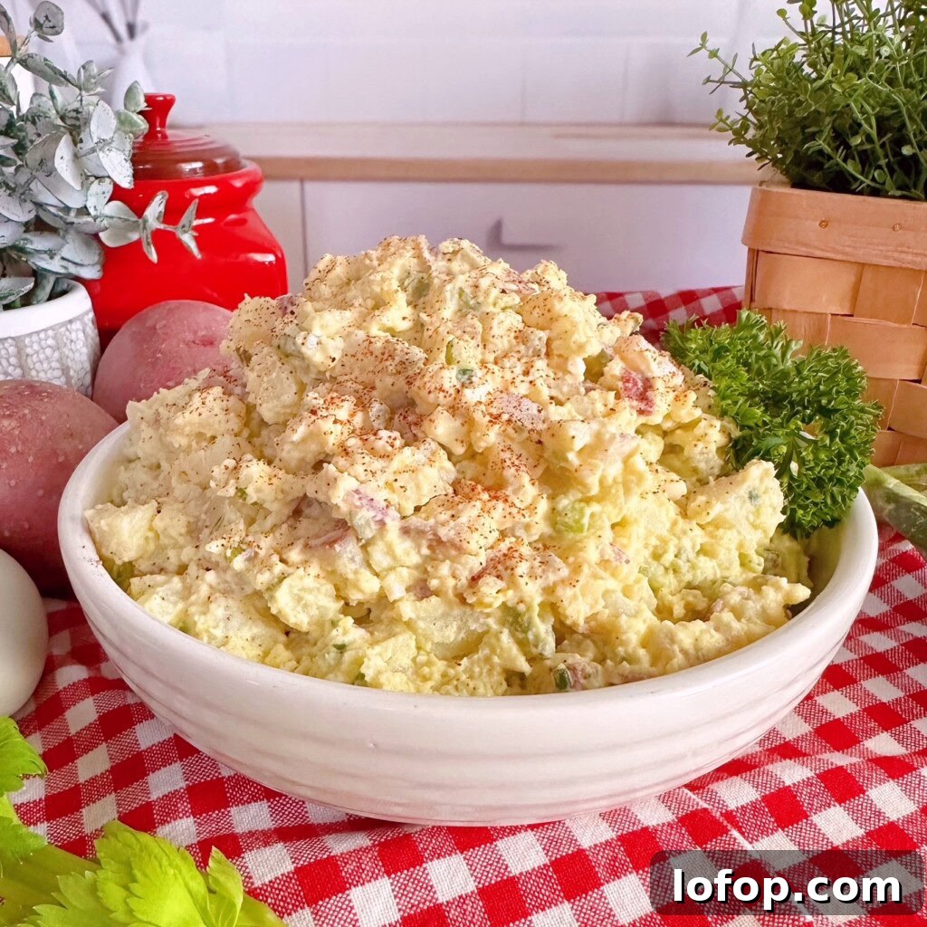 White serving bowl full of classic red potato salad with ingredients to make it surrounding it.