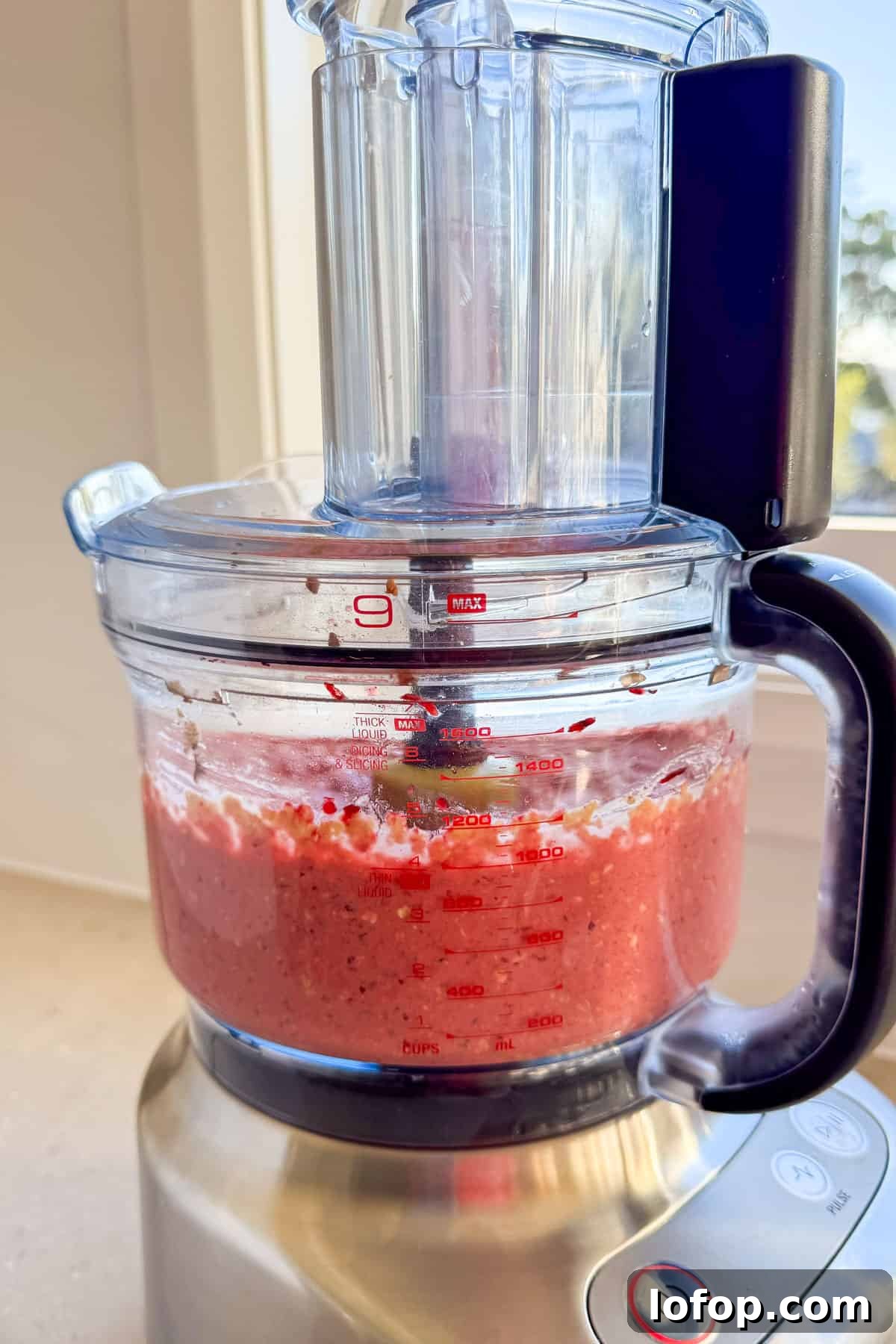 Blended beetroot batter in a food processor.