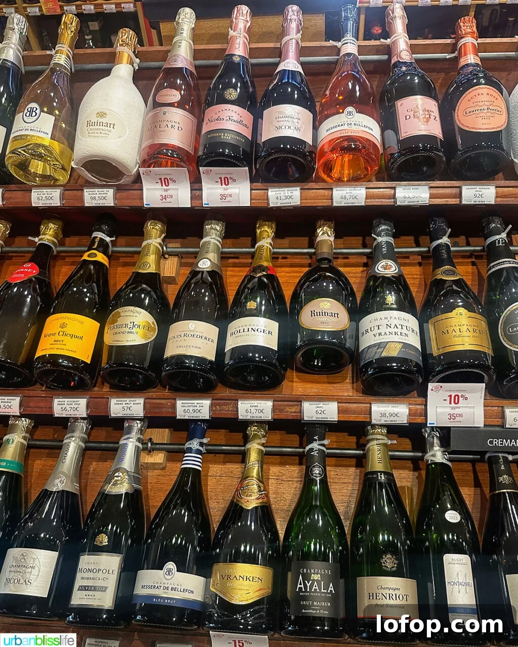 close up of wine bottles at les halles food market in lyon, france