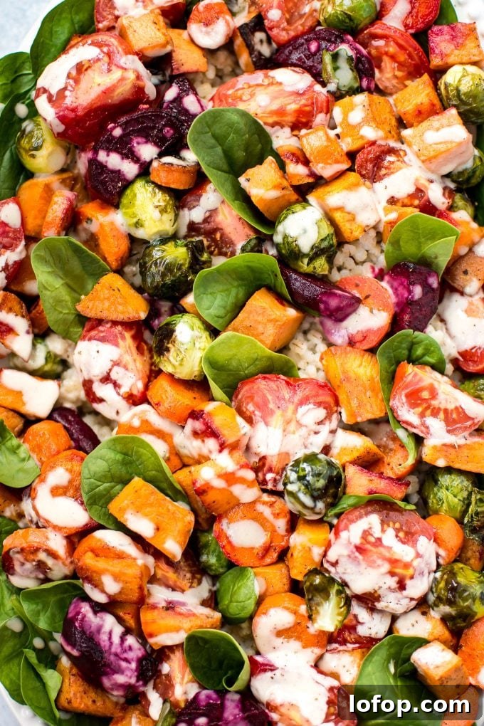 Roasted Vegetable and Barley Salad with Lemon Herb Dressing 3 close-up of vegan roasted vegetable salad with maple tahini dressing