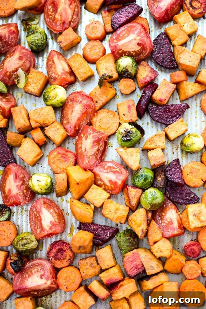 Roasted Vegetable and Barley Salad with Lemon Herb Dressing 4 roasted vegetables on a sheet pan
