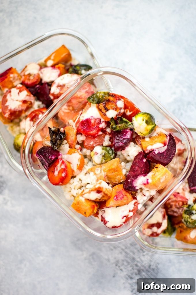 Roasted Vegetable and Barley Salad with Lemon Herb Dressing 6 glass meal prep containers filled with roasted vegetable salad