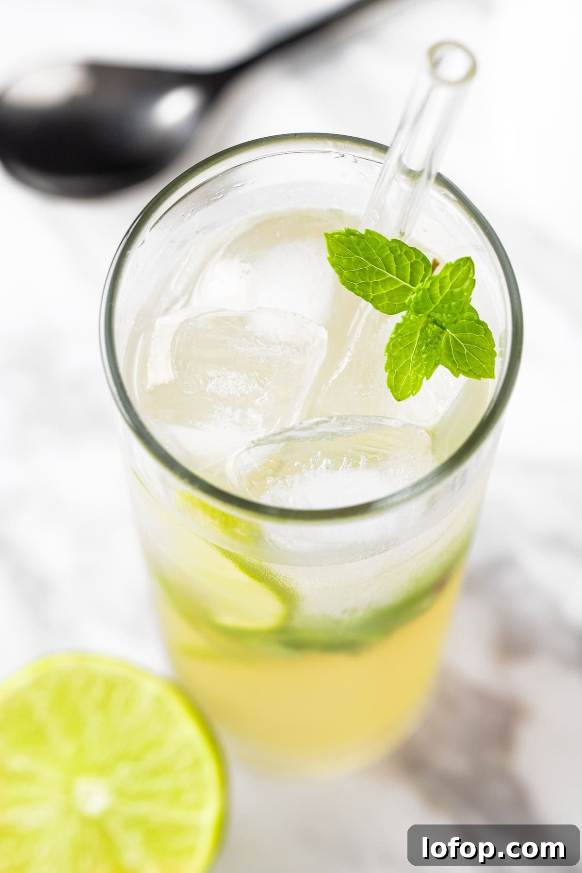Ginger Ale Mojito Recipe: Refreshing Mint Cocktail Guide 7 A ginger ale mojito garnished with mint leaves, on a white marble table.