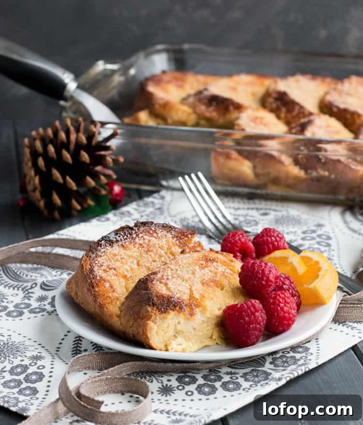 Overnight Eggnog French Toast. Easy, festive, make ahead breakfast. Hearty slices of bread baked in a creamy eggnog custard with a crunchy sugar topping!