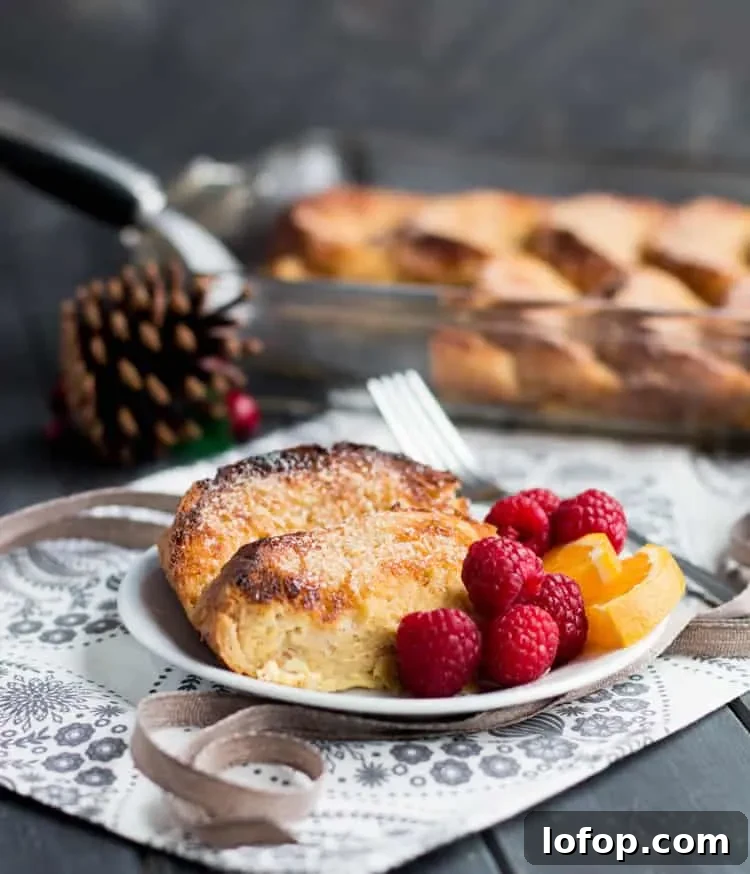 Overnight Eggnog French Toast. Easy, festive, make ahead breakfast. Hearty slices of bread baked in a creamy eggnog custard with a crunchy sugar topping!
