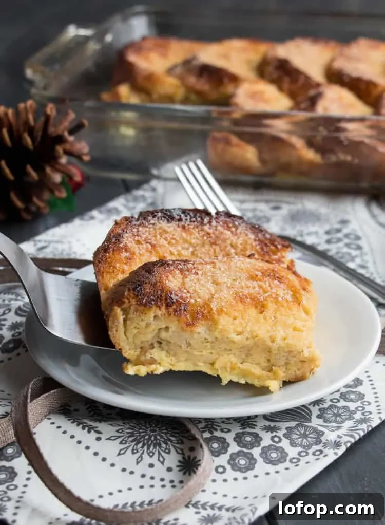 Overnight Eggnog French Toast. Easy, festive, make ahead breakfast. Hearty slices of bread baked in a creamy eggnog custard with a crunchy sugar topping!