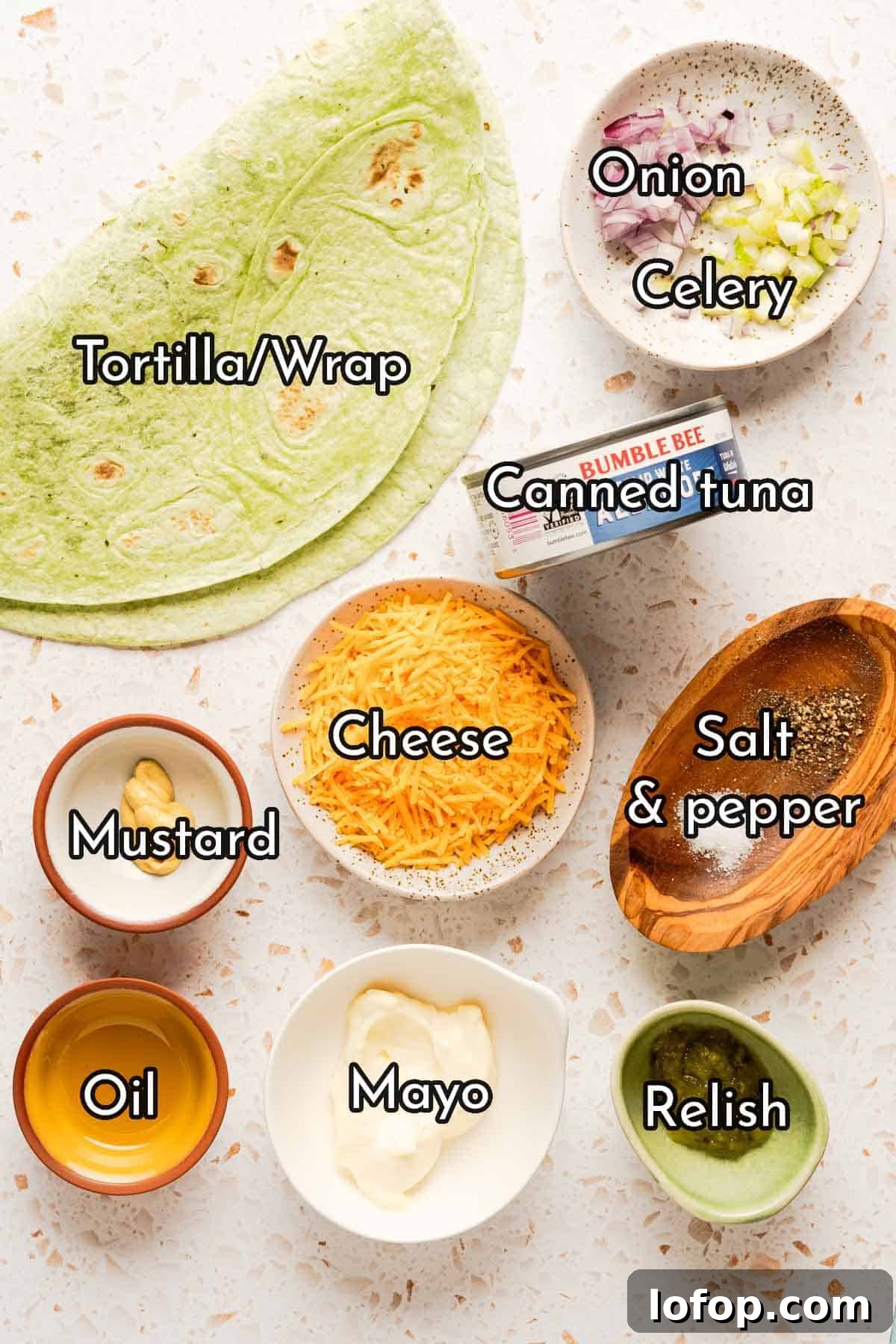 Crispy Tuna Melt Wrap Recipe for Quick Lunches 3 ingredients laid out on counter for tuna melt wrap with text labels.