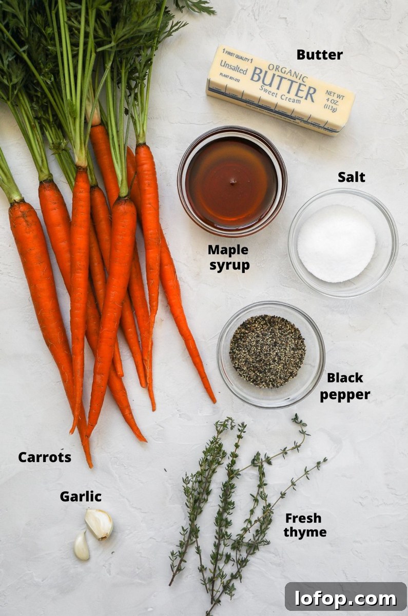 Ingredients used to make brown butter maple roasted carrots in the oven