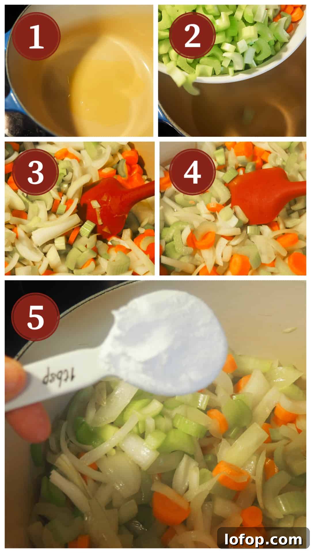 Paleo Chicken Noodle Soup with Homemade Egg Noodles Recipe 4 A collage of images showing the process of cooking paleo chicken noodle soup, steps 1 - 5.