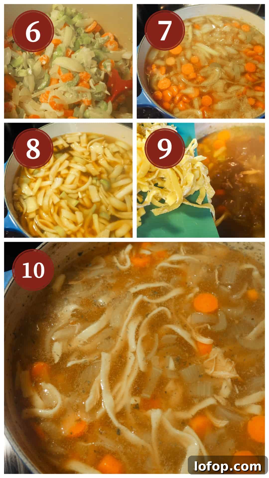 Paleo Chicken Noodle Soup with Homemade Egg Noodles Recipe 5 A collage of images showing the process of cooking paleo chicken noodle soup, steps 6 - 10.