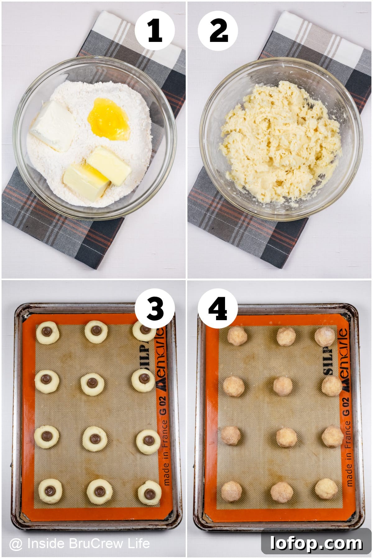 Four pictures collaged together showing how to make cake mix cookies rolled in sugar.