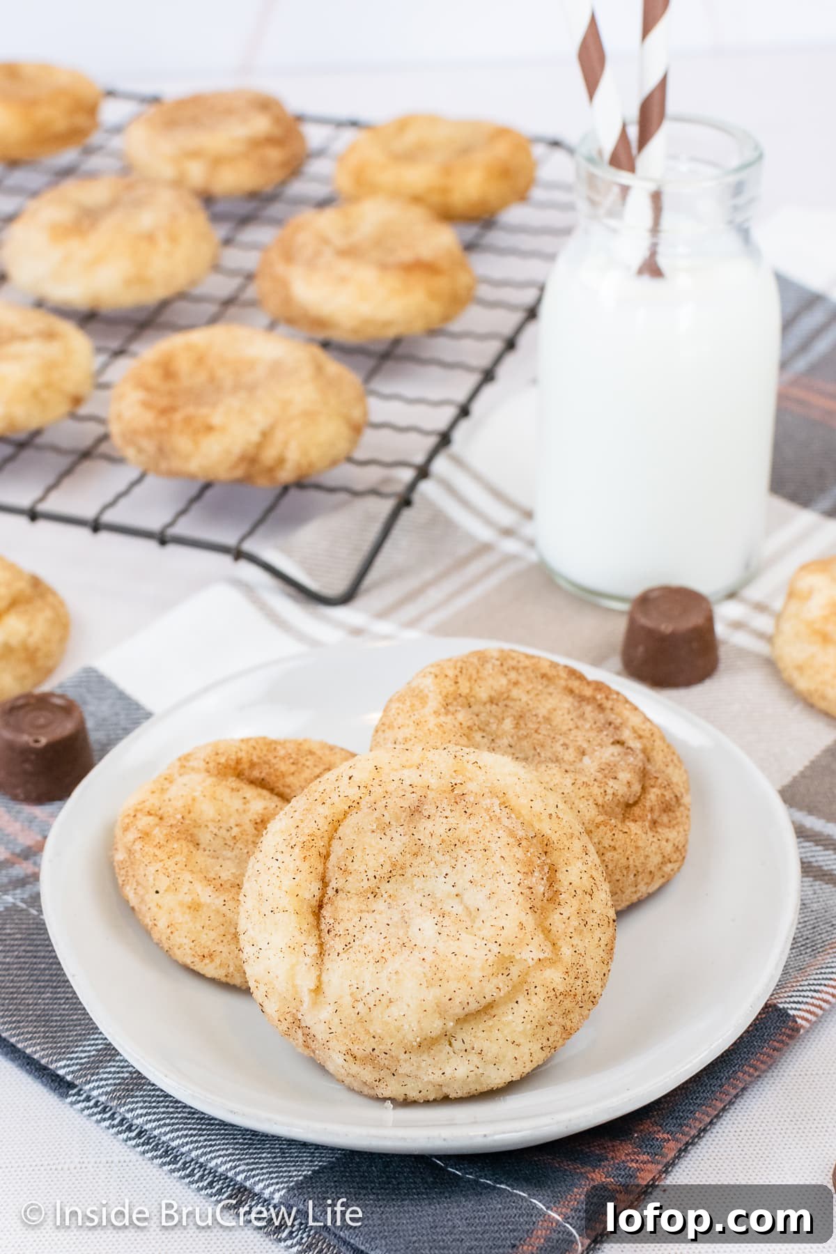 Three cinnamon sugar cookies on a white plate.