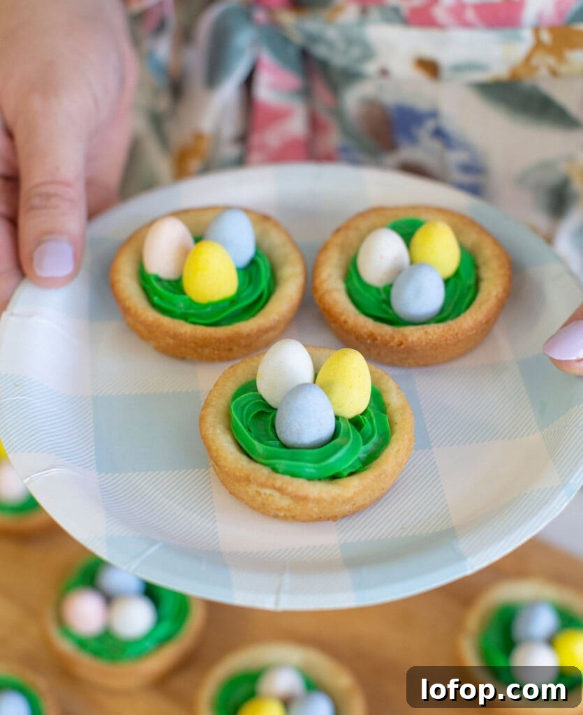 Easter birds nest cookie cups, on a plate.