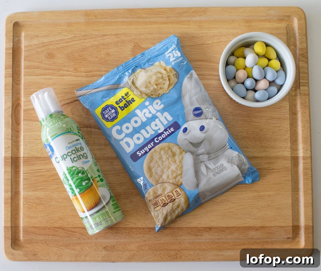 Ingredients for Easter birds nest cookie cups on a cutting board.