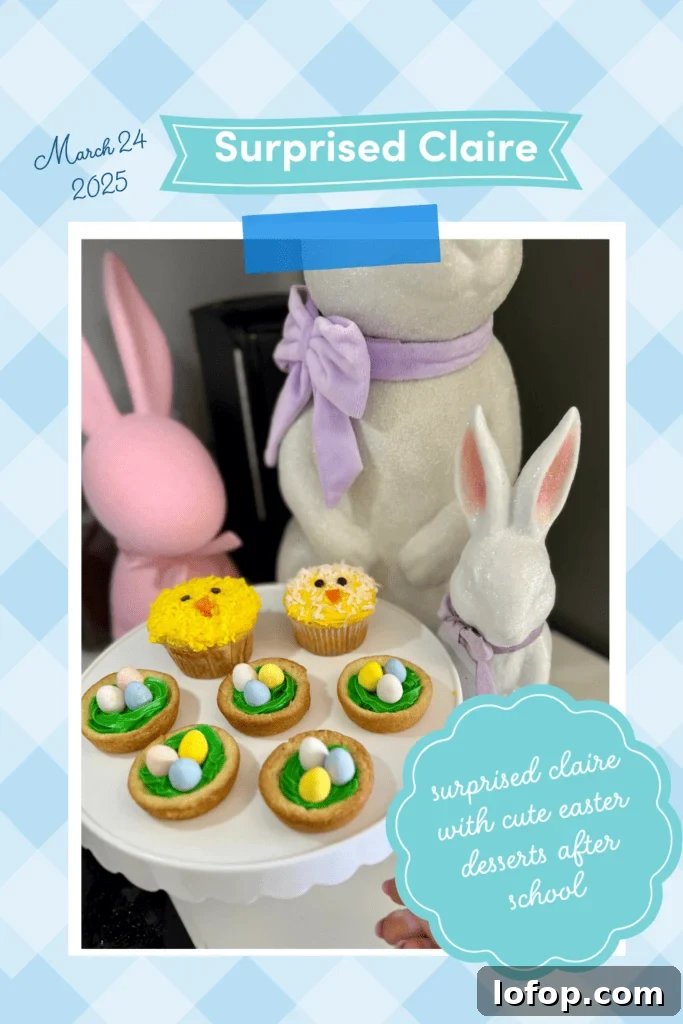 cake stand with easter chick cupcakes and easter cookie cups