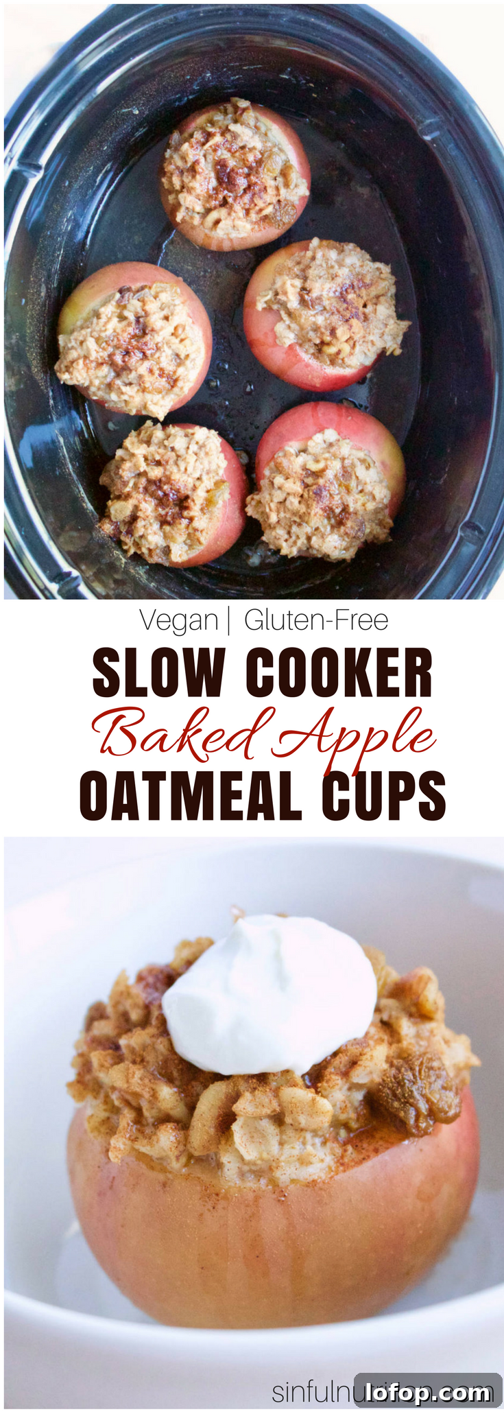 Slow Cooker Apple Oatmeal Cups: Baked-Style Breakfast Recipe 9 Slow Cooker Baked Apple Oatmeal Cups -- A healthy breakfast recipe that is good enough for dessert! No refined sugar | vegan | gluten free | @sinfulnutrition