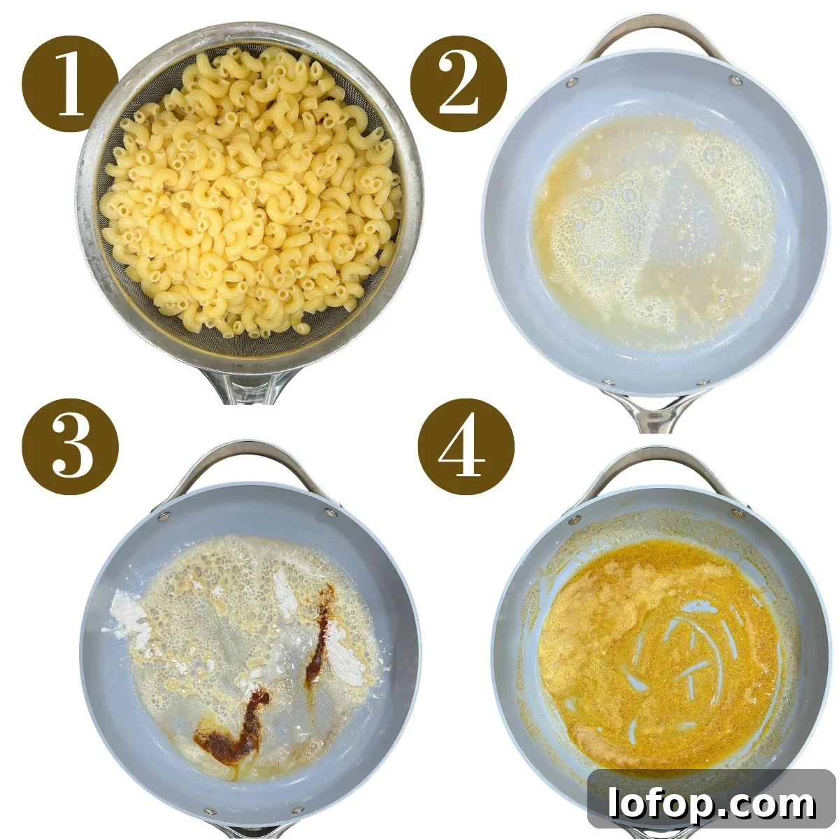 Steps to make mac and cheese muffins.