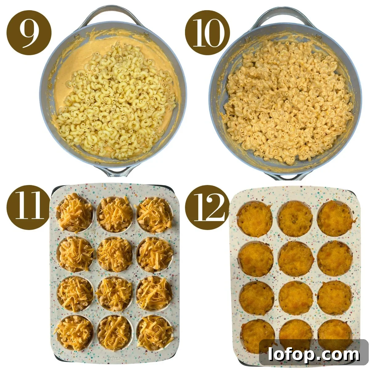 Steps to make mac and cheese muffins.