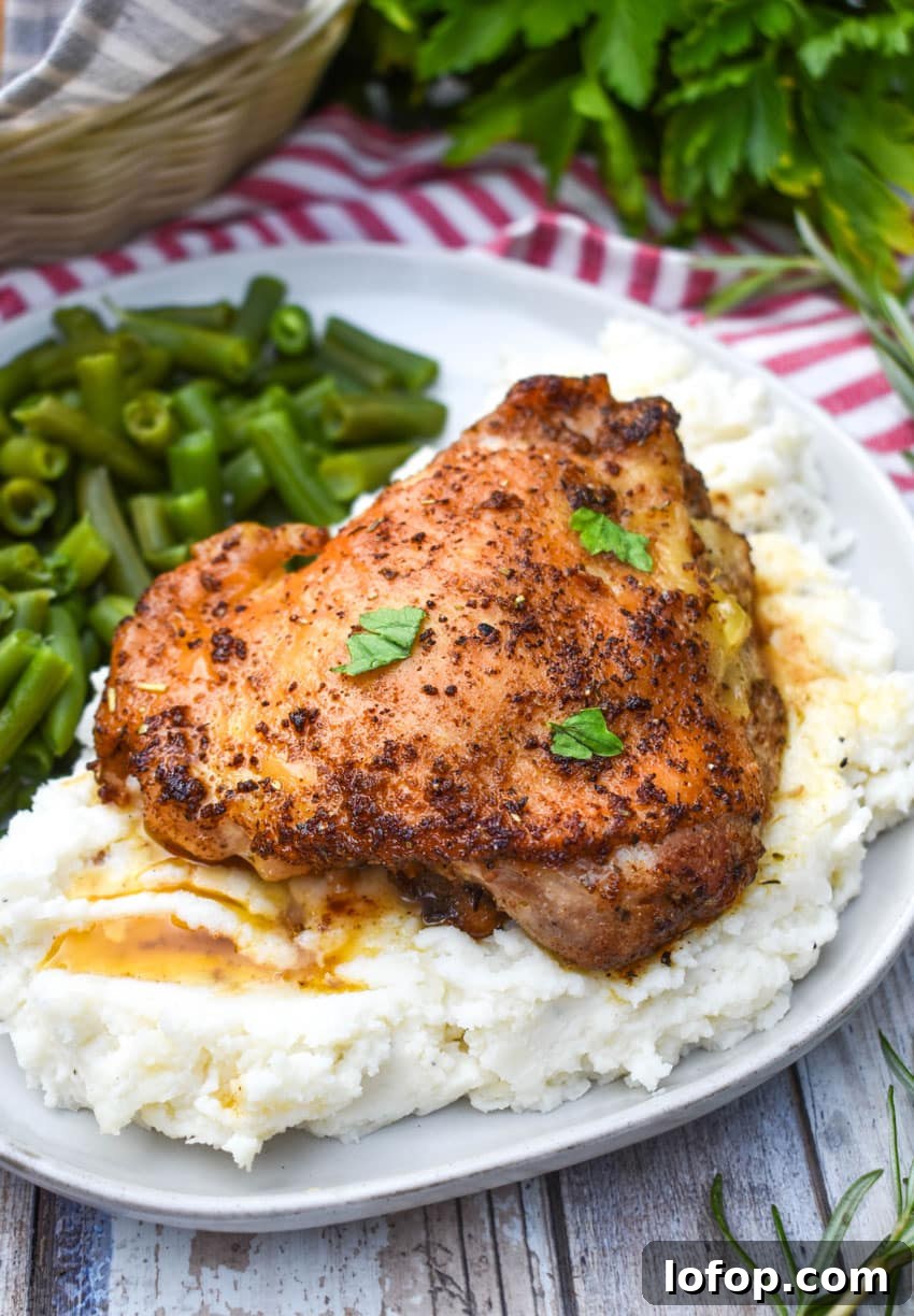 a crispy italian chicken thigh over mashed potatoes on a gray dinner plate with cooked green beans on the side