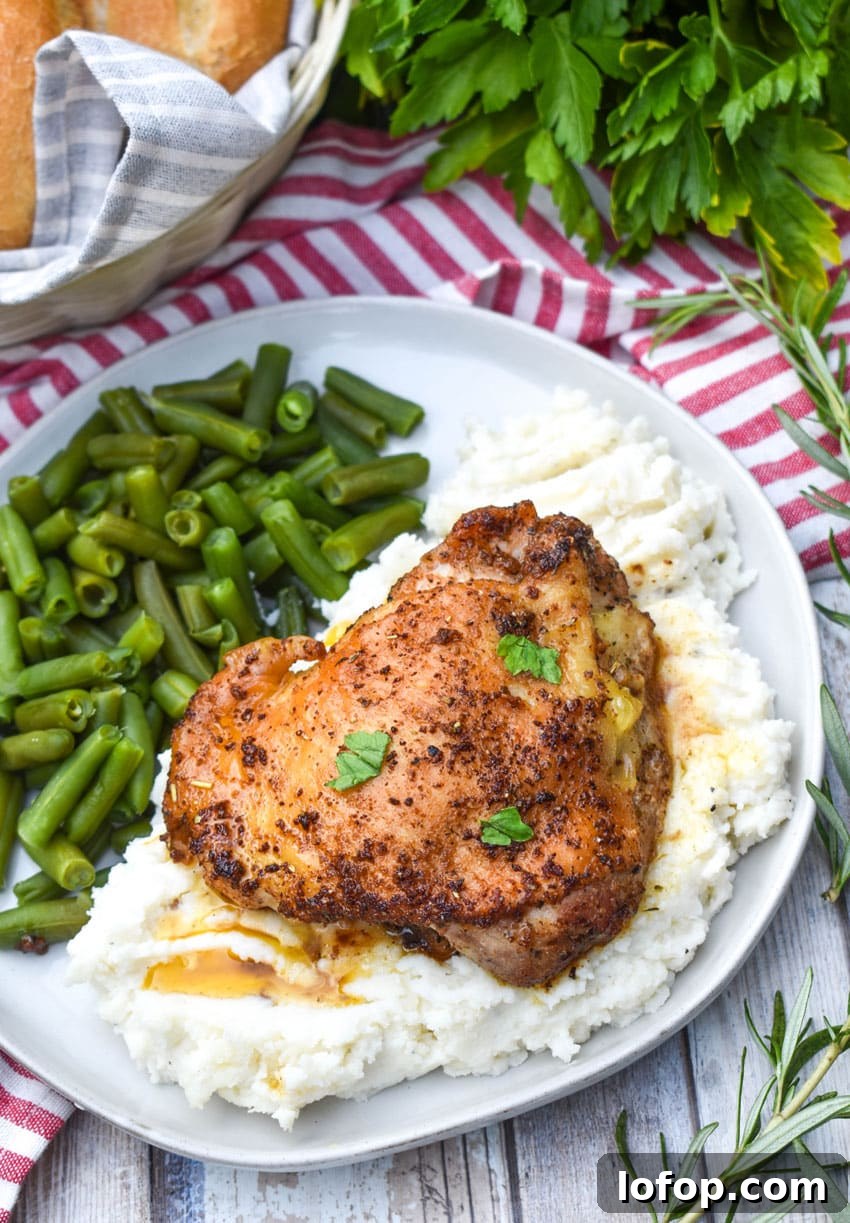 a crispy italian chicken thigh over mashed potatoes on a gray dinner plate with cooked green beans on the side