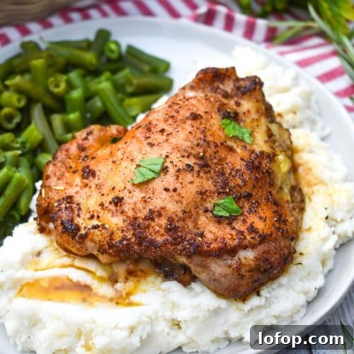 a crispy italian chicken thigh over mashed potatoes on a gray dinner plate with cooked green beans on the side