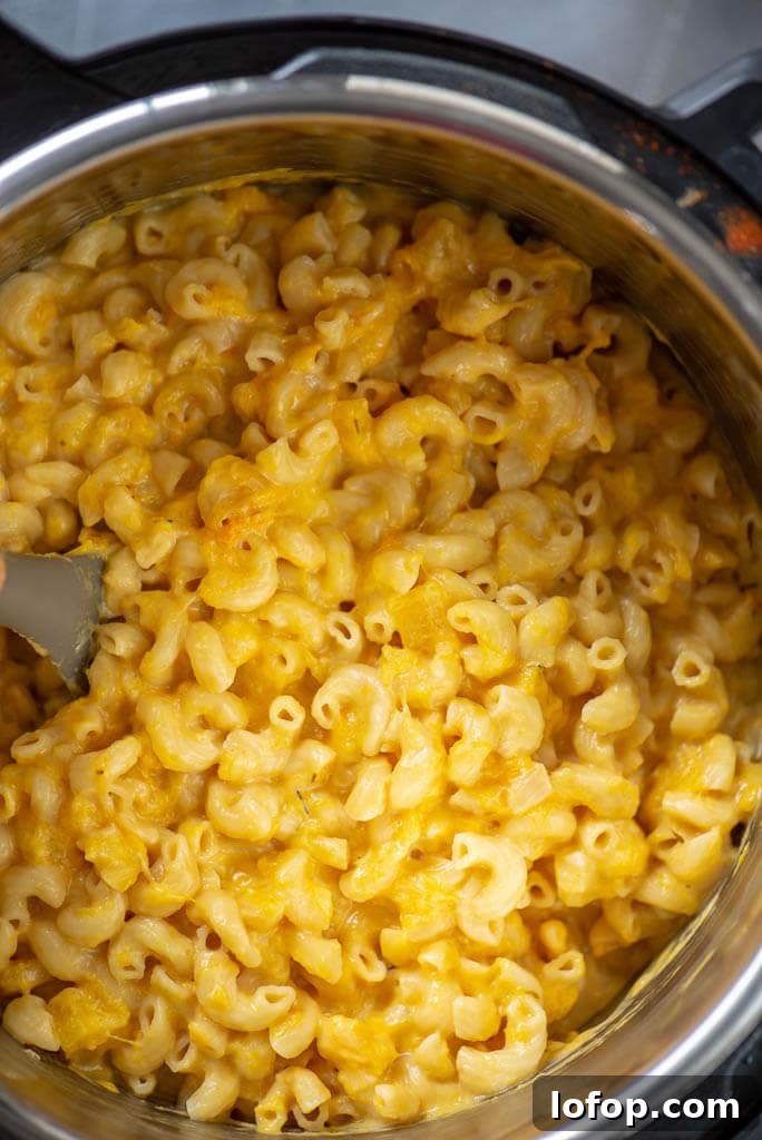 butternut squash Mac and cheese in instant pot with spoon to stir