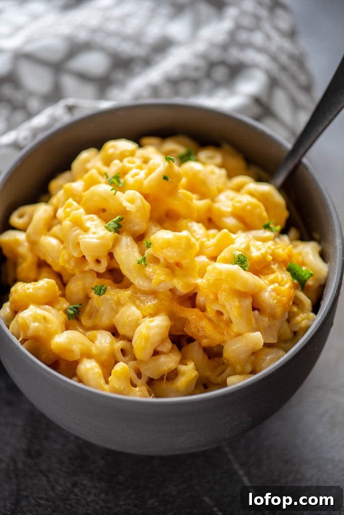 Mac and cheese in a gray bowl topped with parsley