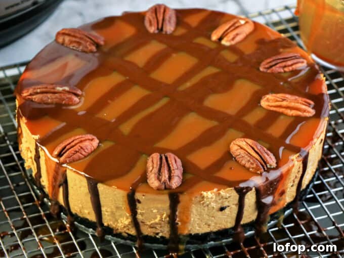 Instant Pot Pumpkin Turtle Cheesecake Recipe 3 instant pot pumpkin cheesecake cooling on rack.
