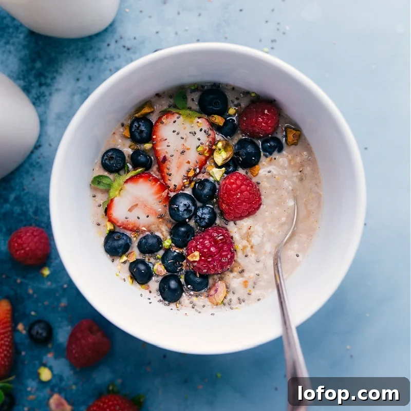 Hot oats with berries Hot oats with blueberries, strawberries, and raspberries.