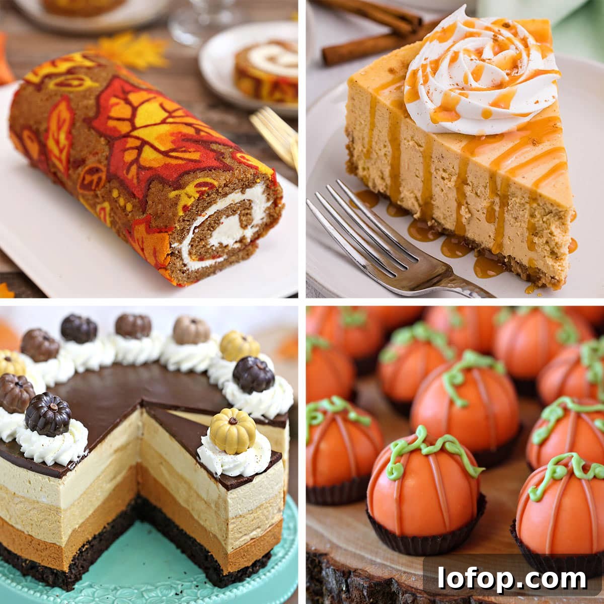 Creamy Pumpkin Bread Pudding with Spiced Caramel Sauce 12 Collage of four pumpkin desserts in a square grid.