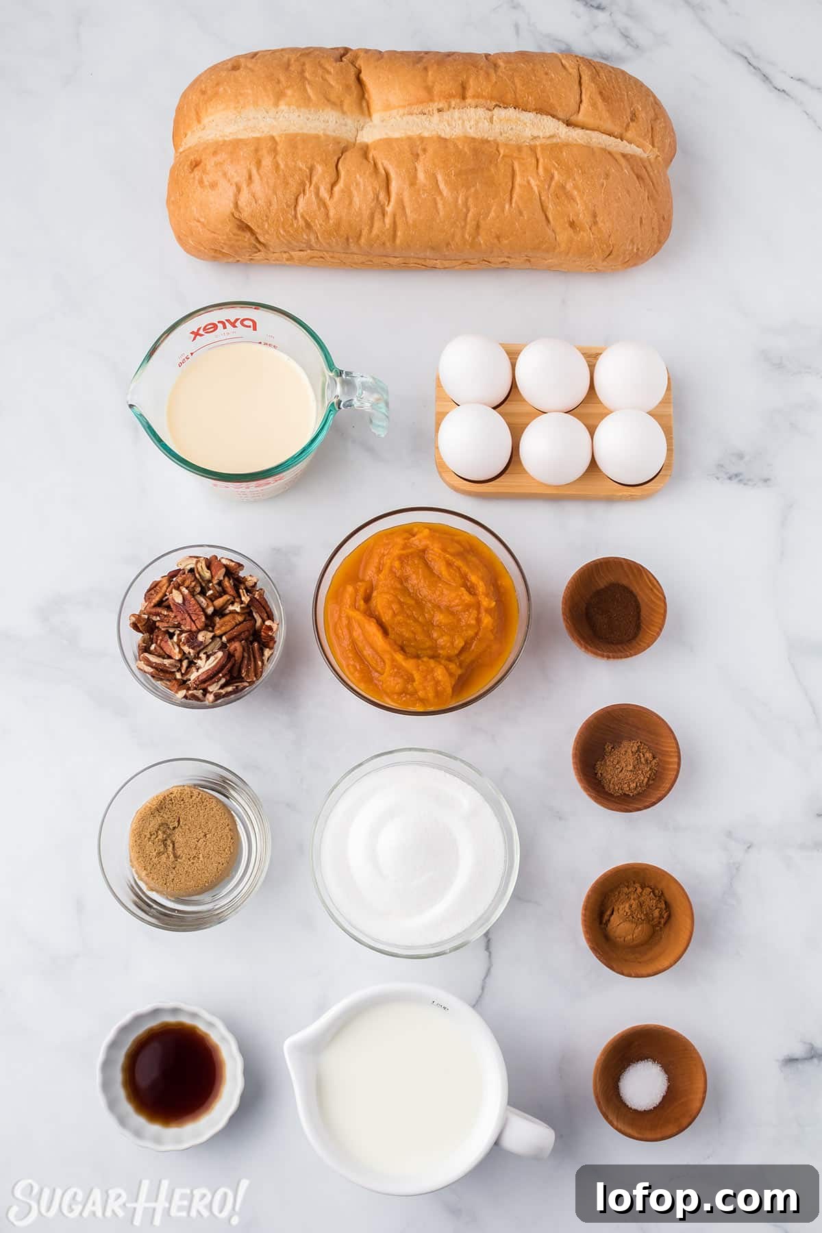 Creamy Pumpkin Bread Pudding with Spiced Caramel Sauce 4 Overhead shot of ingredients needed to make Pumpkin Bread Pudding.