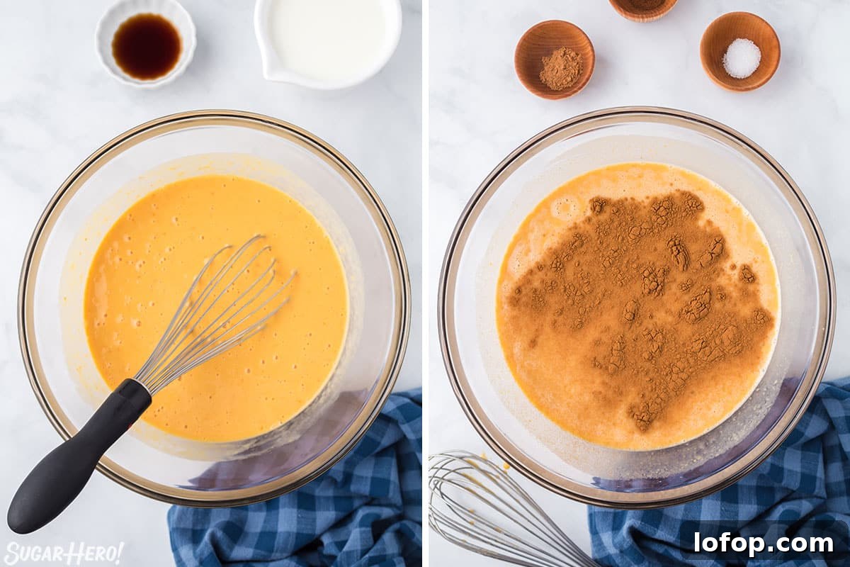 Creamy Pumpkin Bread Pudding with Spiced Caramel Sauce 6 Two photo collage showing how to make Pumpkin Bread Pudding custard.