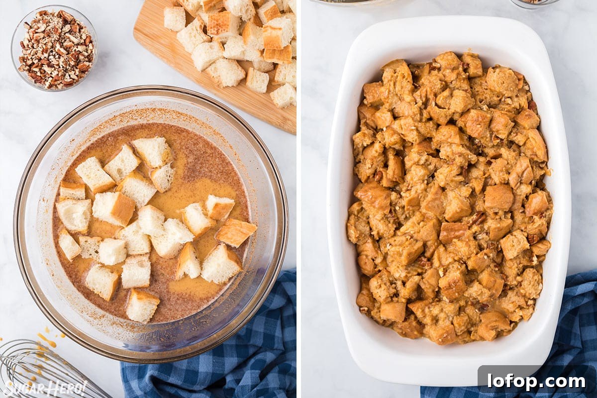 Creamy Pumpkin Bread Pudding with Spiced Caramel Sauce 7 Two photo collage showing how to bake Pumpkin Bread Pudding.