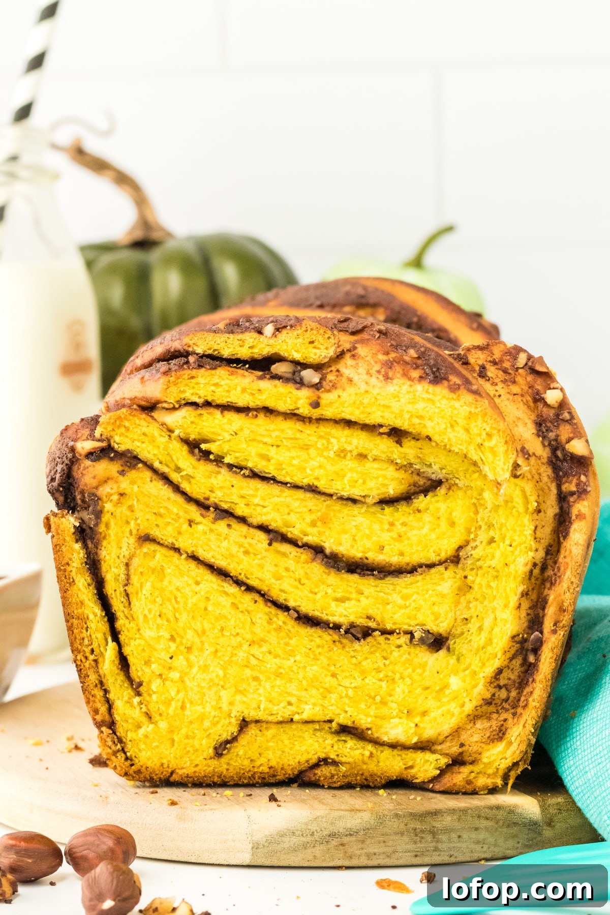 Front view of a loaf of chocolate nutella filled pumpkin babka bread showing the chocolate and crushed hazelnut swirls - Hostess At Heart