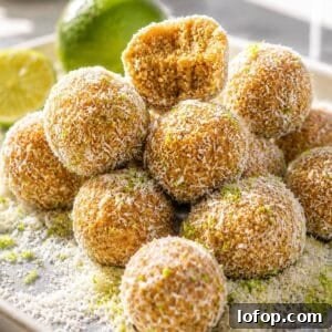 Key lime pie energy balls rolled in coconut and lime zest.