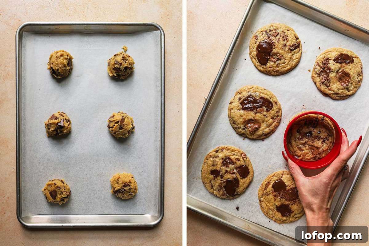a pan with cookie balls and a pan with baked cookies.