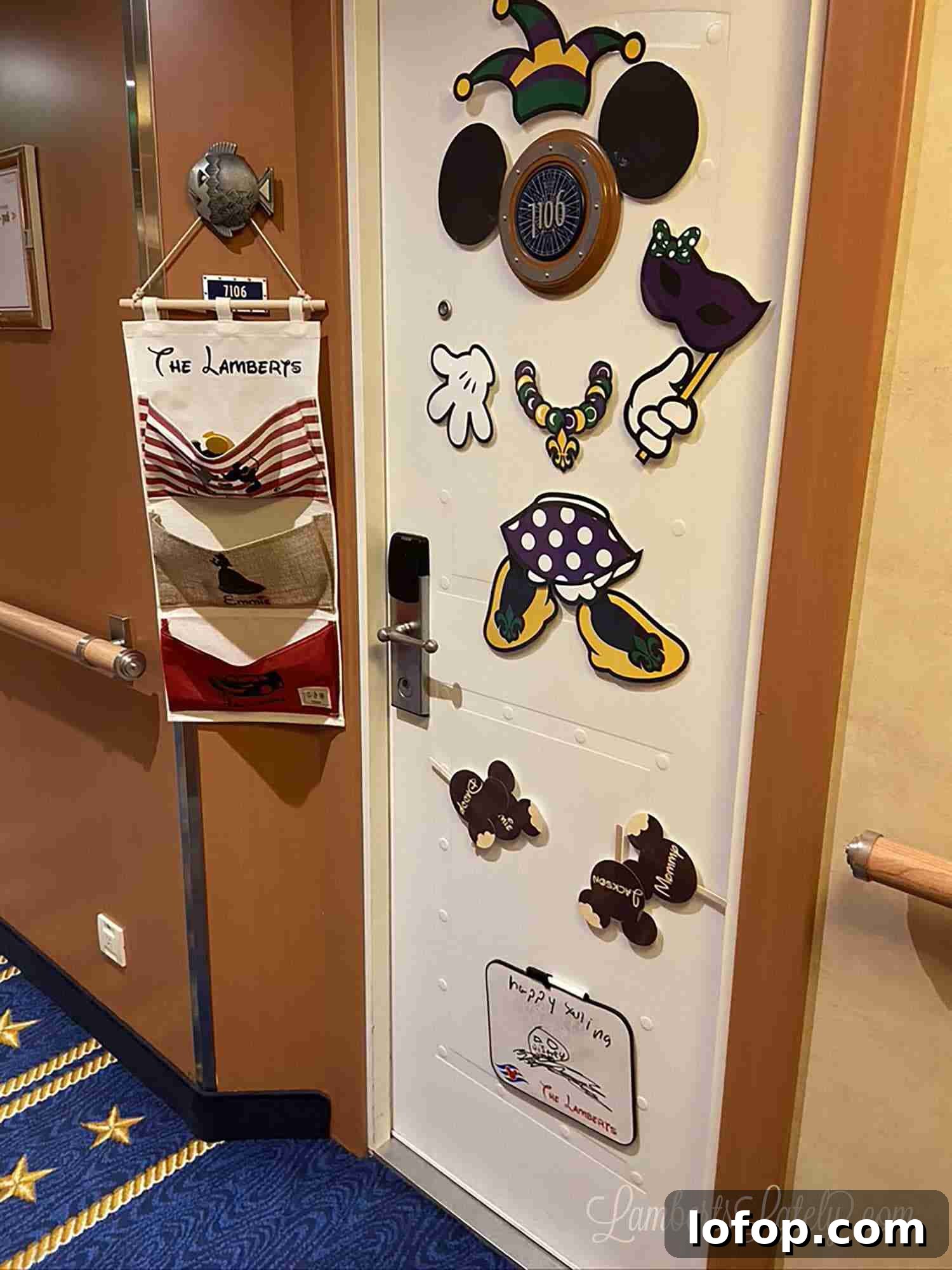 Disney Cruise Packing Checklist + Free Printable Guide 4 mardi gras minnie decorations on a disney cruise cabin door.