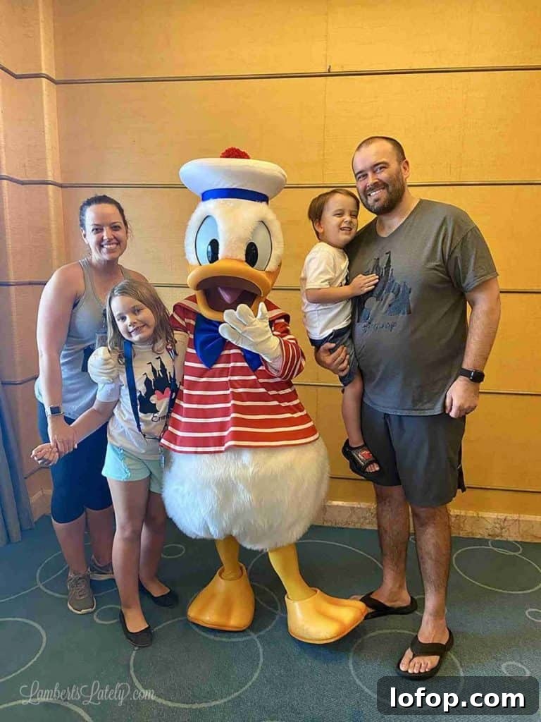 Disney Cruise Packing Checklist + Free Printable Guide 10 family with donald duck on a disney cruise.