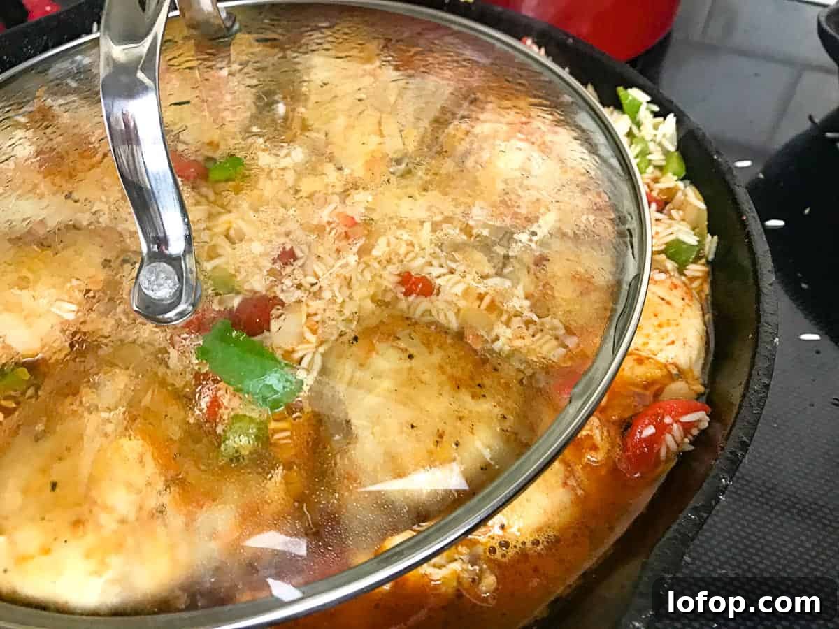 Clear lid being placed over skillet with chicken and veggies