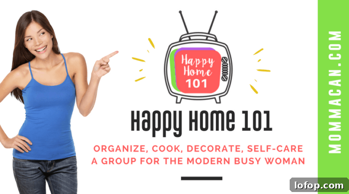 Create a cheerful young woman pointing at "Happy Home 101" TV illustration for modern busy women.